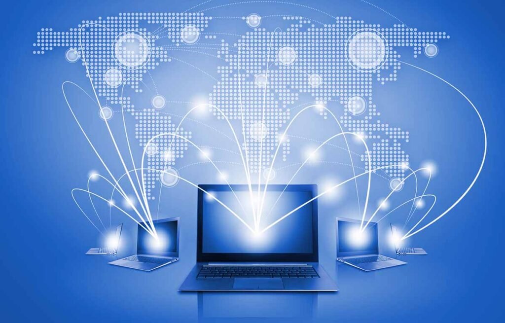 stockphotoscom-4775483 Global network. Laptops against globe